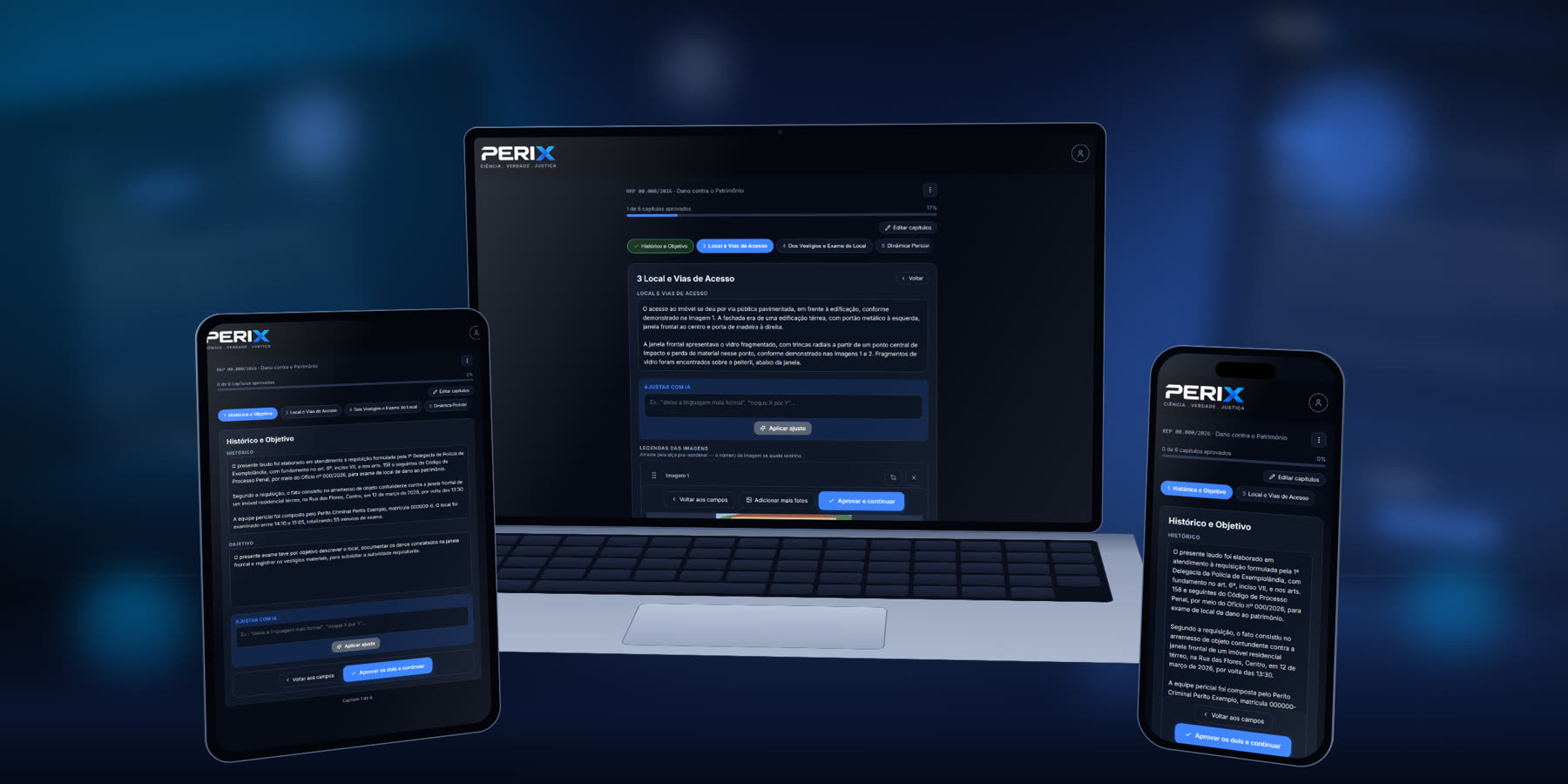 O PeriX aberto em um notebook, um tablet e um celular