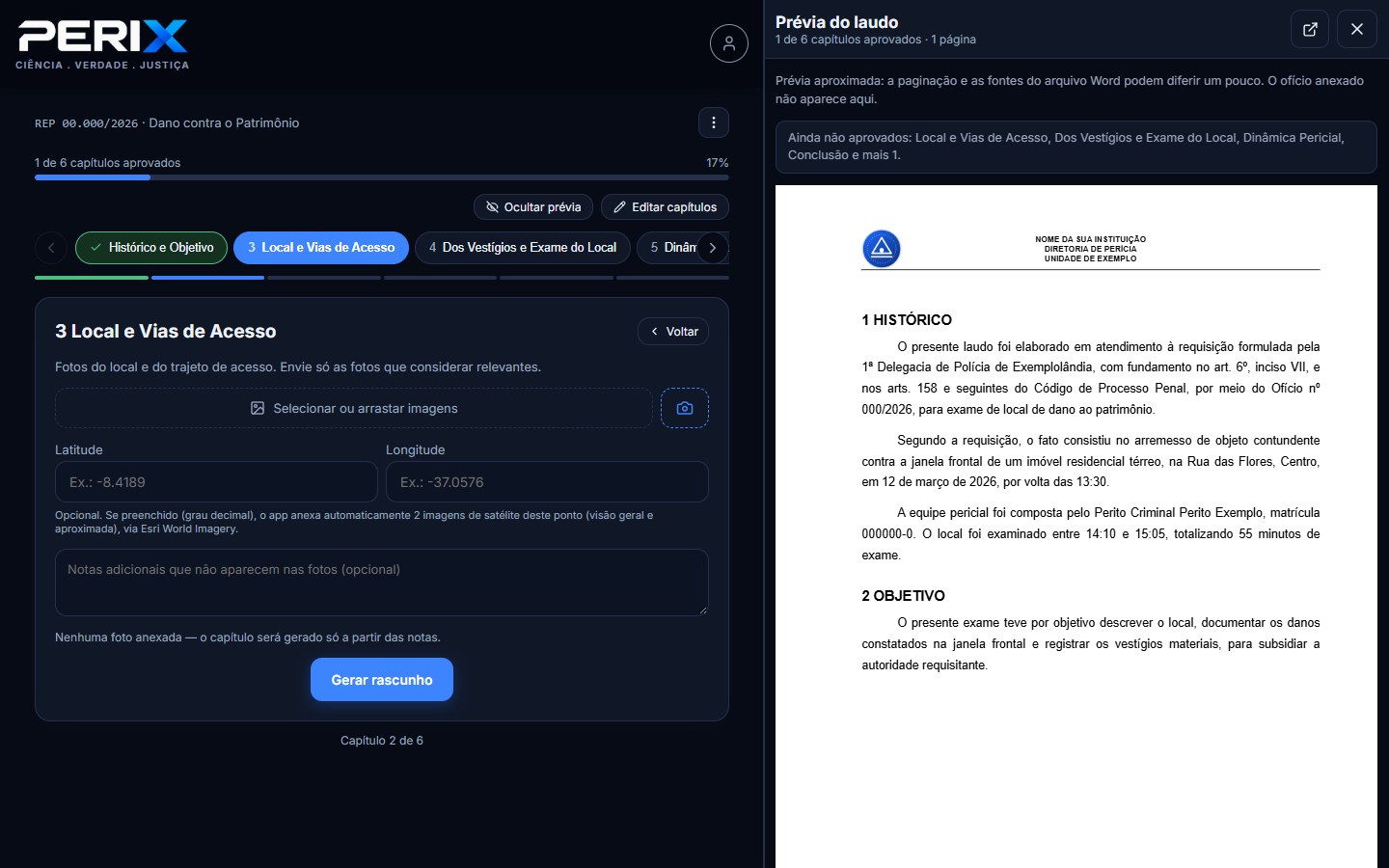 O PeriX em tela larga com a prévia do laudo aberta ao lado do assistente, mostrando a primeira página com o histórico e o objetivo