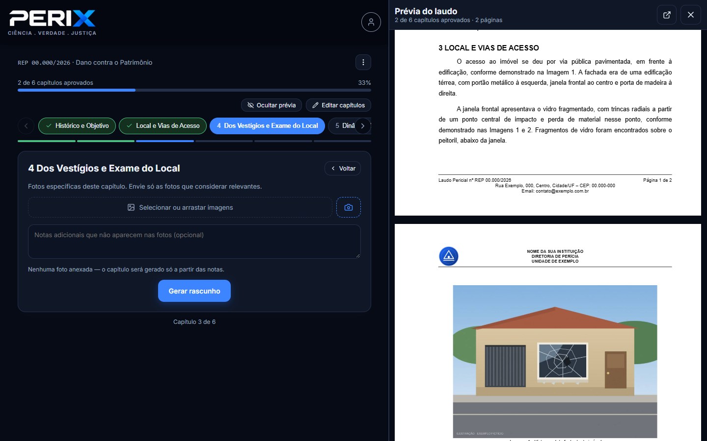 A prévia do laudo atualizada depois de aprovar o capítulo Local e Vias de Acesso, com a página da fachada do imóvel e a legenda