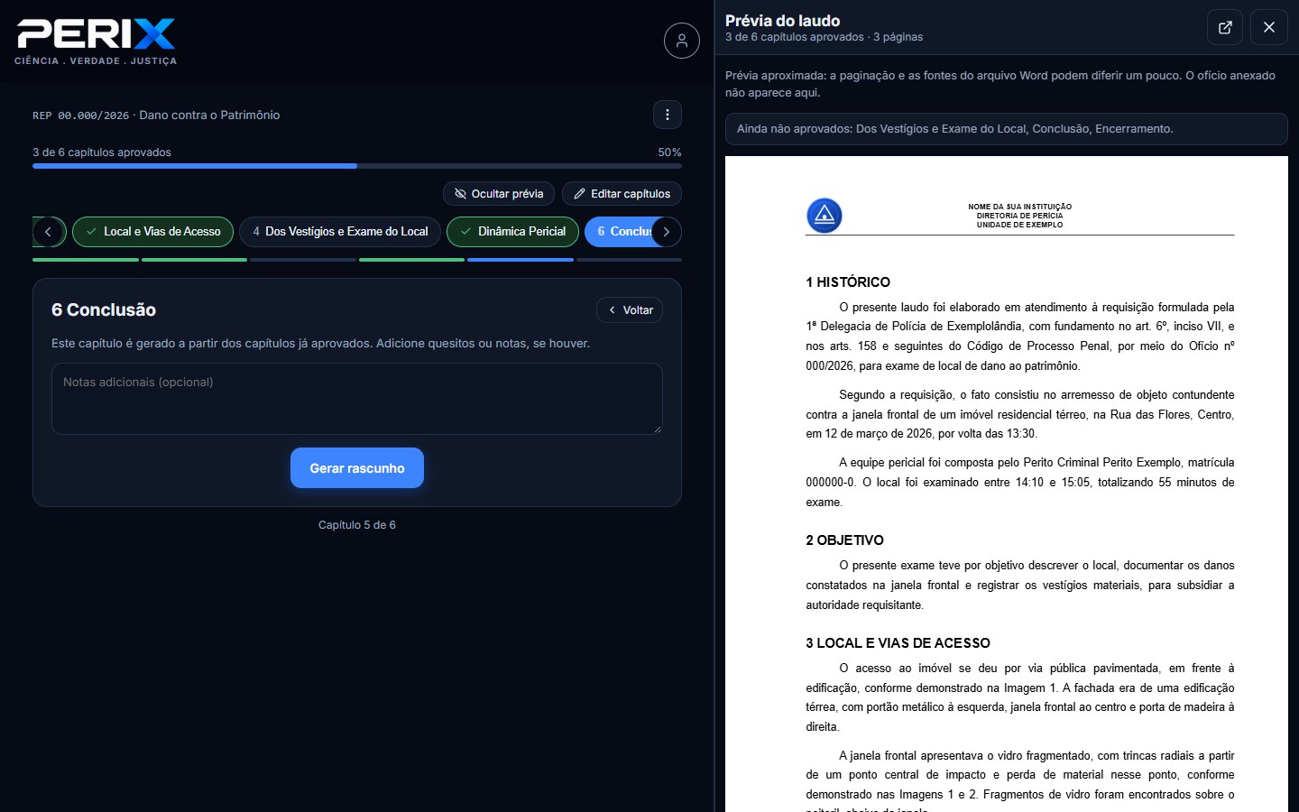 A prévia do laudo com três capítulos aprovados, três páginas e a lista dos capítulos ainda não aprovados